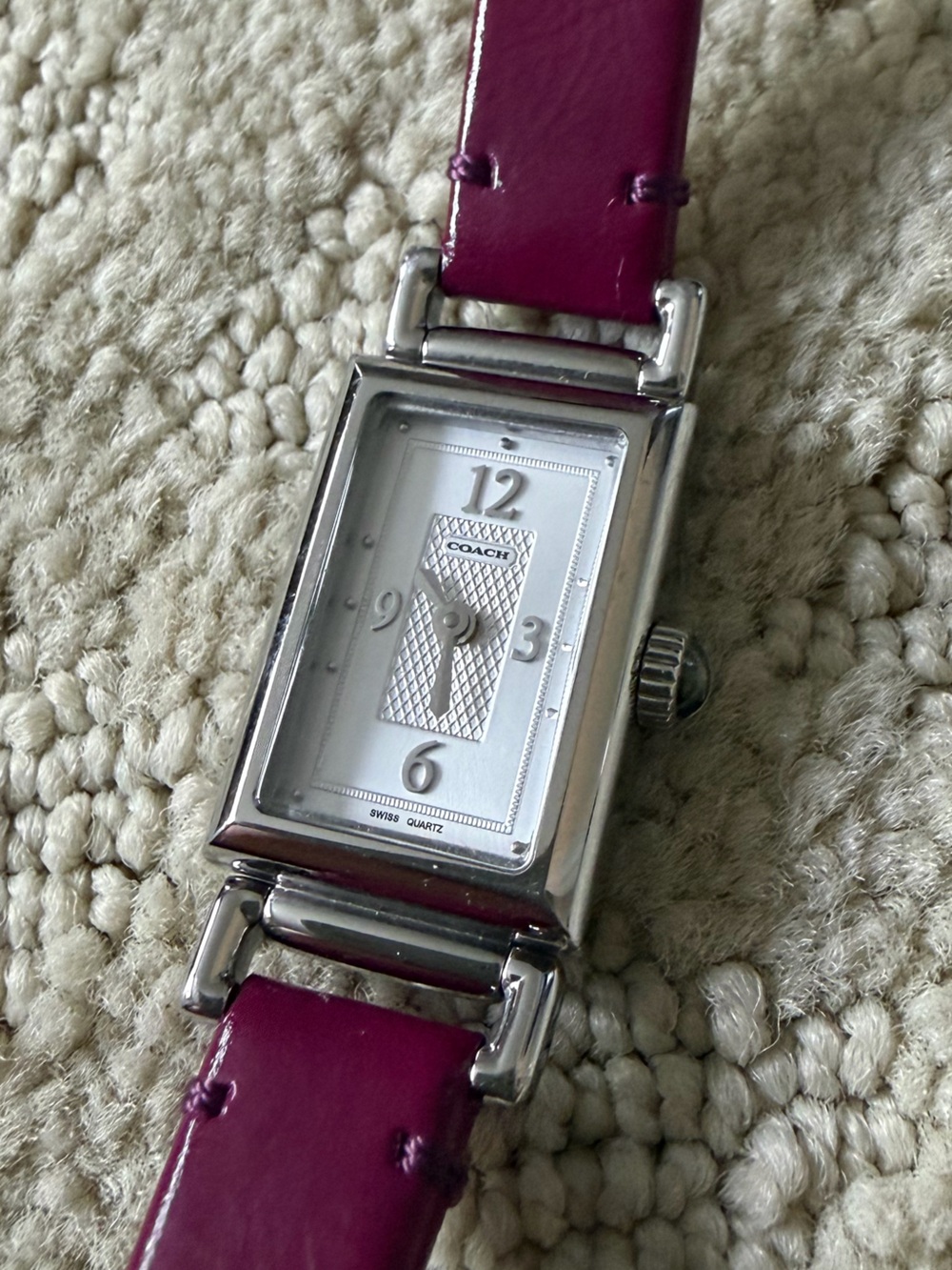 Coach Silver Rectangular Watch with Magenta Leather Strap